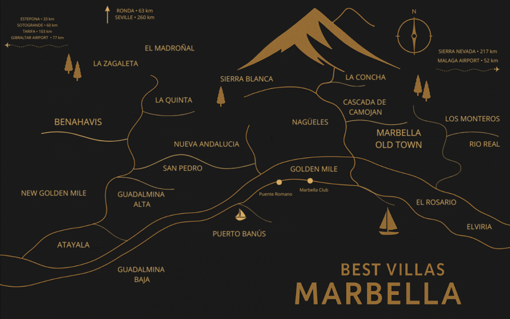 Map showing luxury villa areas in Marbella – Best Villas Marbella real estate services.
